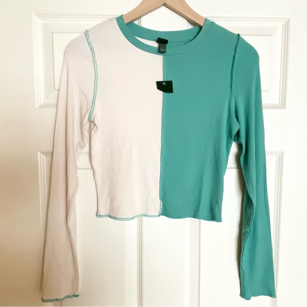 Wild fable cropped colorblock top long sleeve Small white green Target 90s Y2K